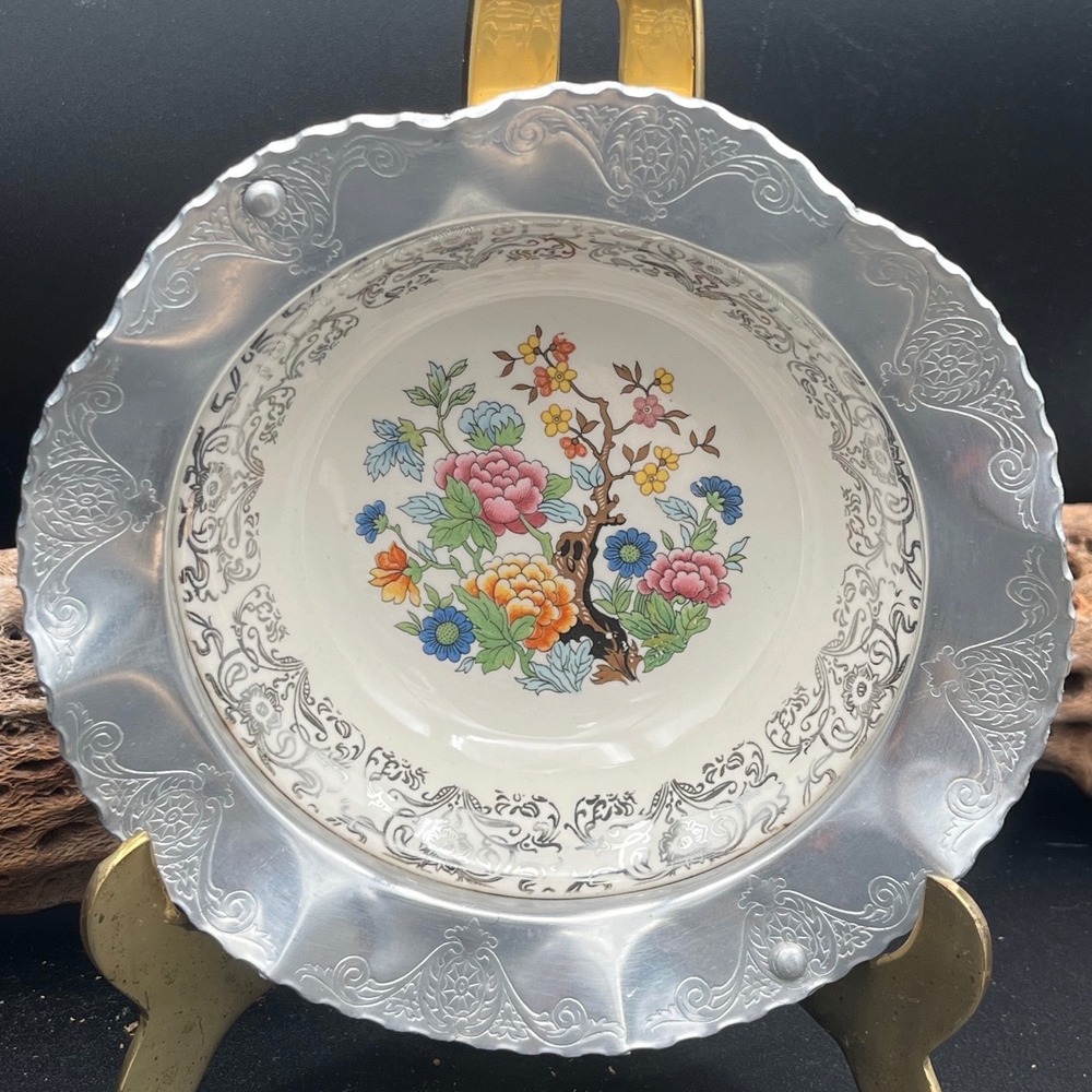 Vintage Farber & Shlevin Floral Ceramic Serving Bowl 1940s Aluminum Frame
